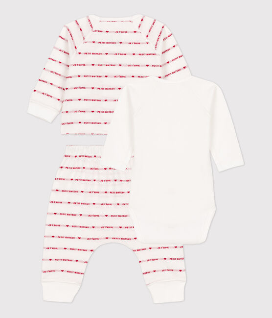 Dreiteiliges Baby-Set aus Bio-Baumwoll-Jacquard weiss MARSHMALLOW/rot TERKUIT