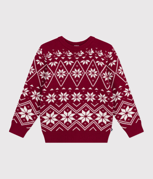 Kinder-Pullover aus Wolle und Baumwolle mit Muster rot/naturfarben