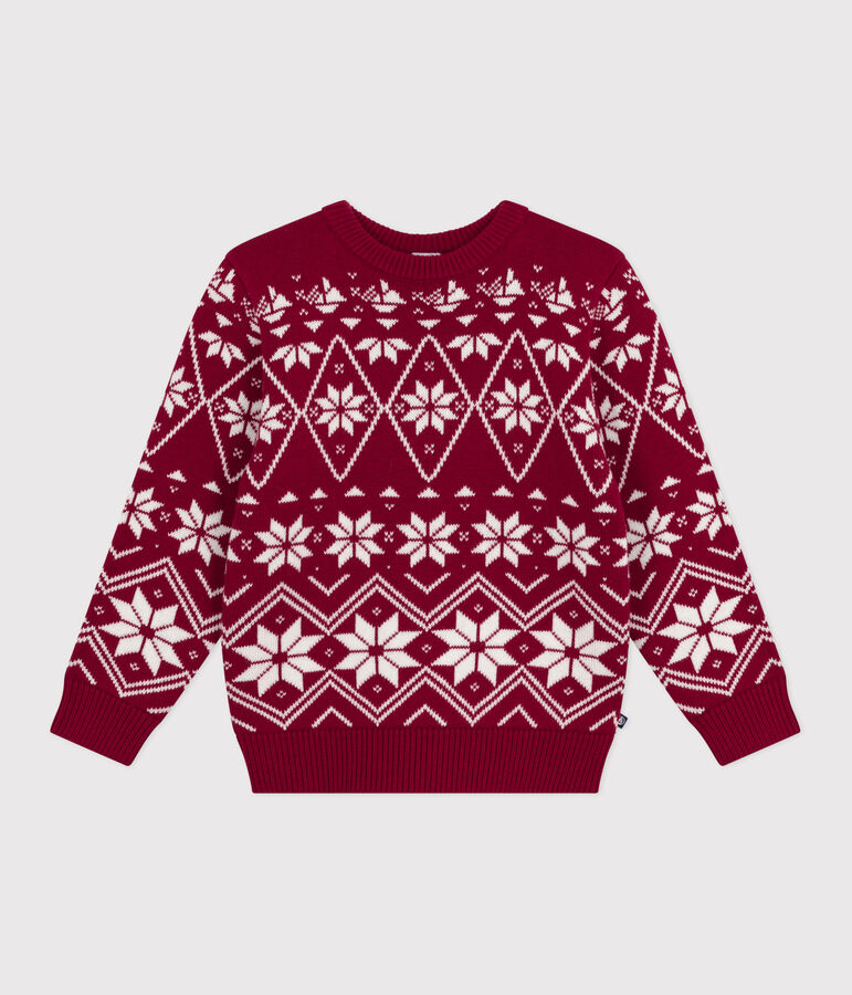 Kinder-Pullover aus Wolle und Baumwolle mit Muster rot/naturfarben