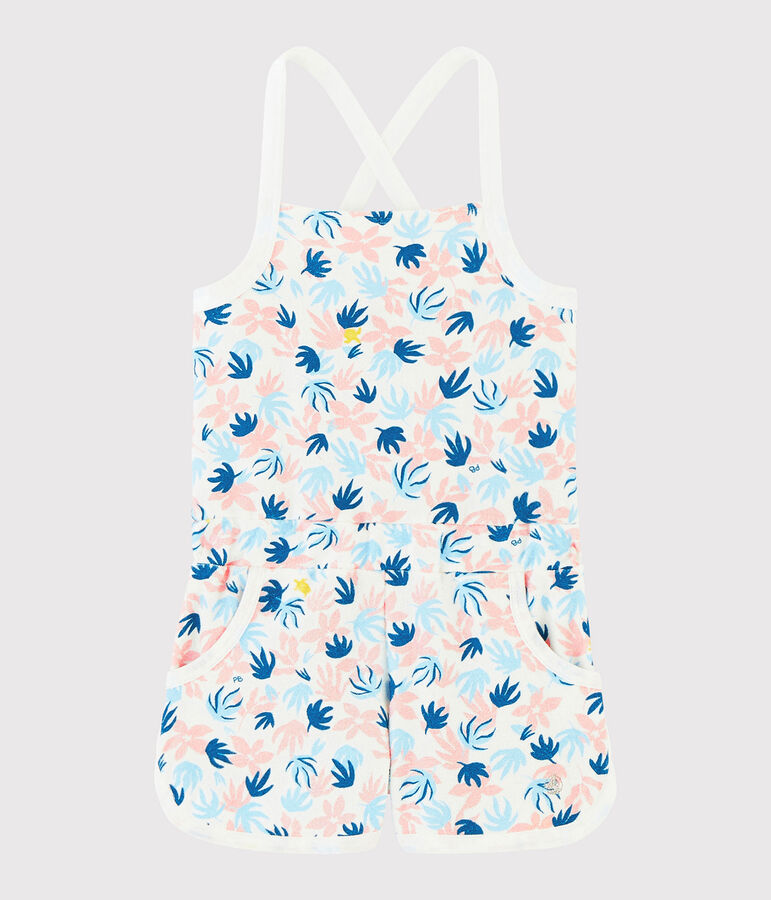 Kurzer Kinder-Overall aus Boucl&eacute;-Frottee f&uuml;r M&auml;dchen weiss MARSHMALLOW/weiss MULTICO