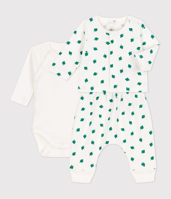 Dreiteiliges Baby-Set aus Bio-Molton mit Pflanzenmuster weiss MARSHMALLOW/grün GAZON