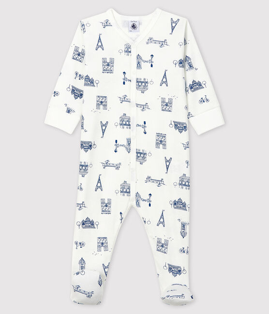 Baby-Strampler 'Paris' aus Rippstrick weiss MARSHMALLOW/blau MAJOR
