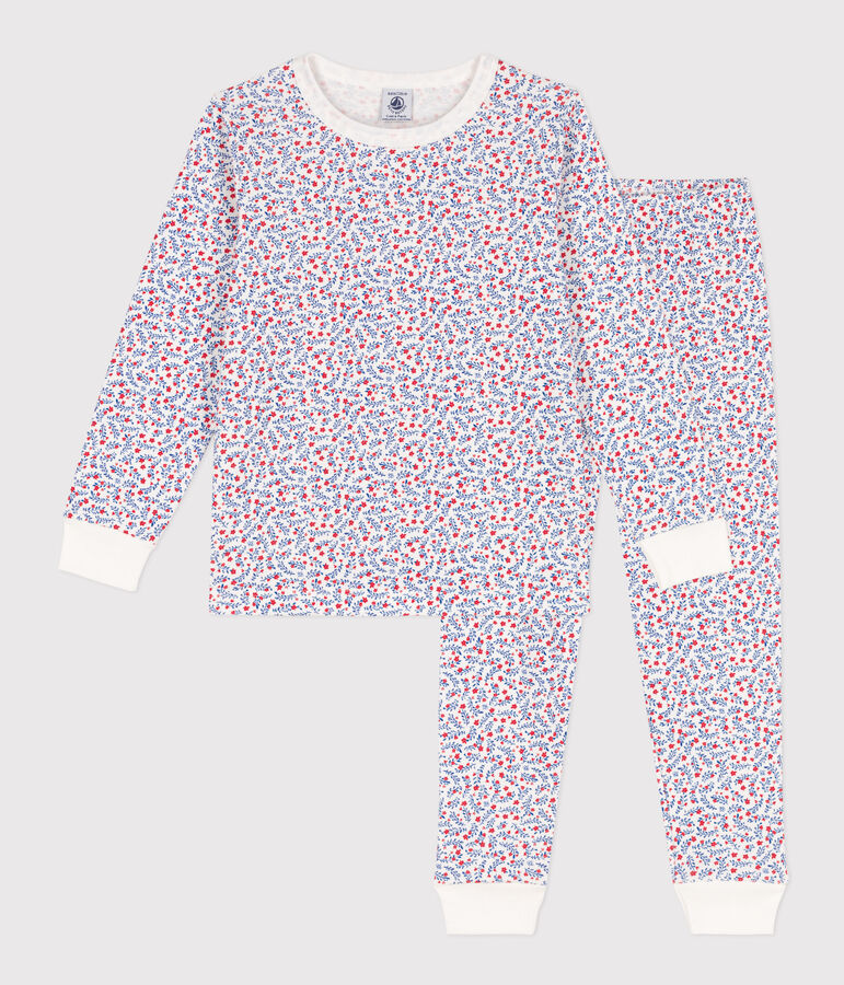 Kinderpyjama aus Baumwolle mit Blumen f&uuml;r M&auml;dchen weiss/vielfarbig