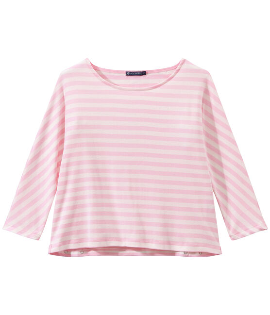 Gestreiftes Damen-Shirt mit 3/4-Ärmeln rosa BABYLONE/weiss MARSHMALLOW