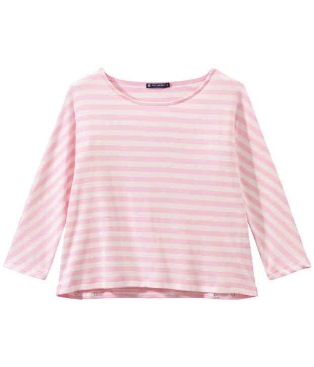 Gestreiftes Damen-Shirt mit 3/4-&Auml;rmeln rosa/weiss
