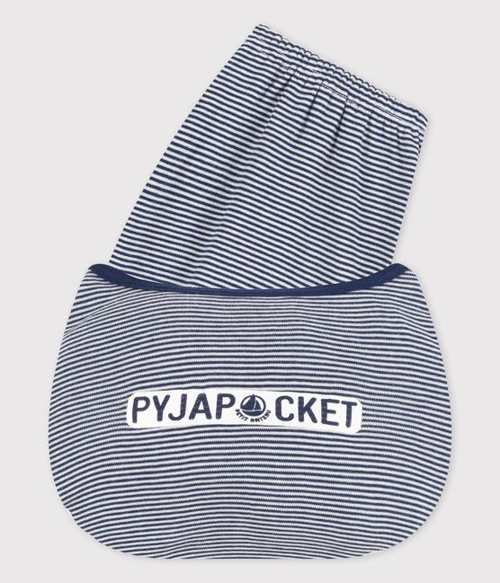 Kinder-Kurzpyjama aus Baumwolle mit blauen Ringelstreifen für Jungen weiss MARSHMALLOW/blau MEDIEVAL