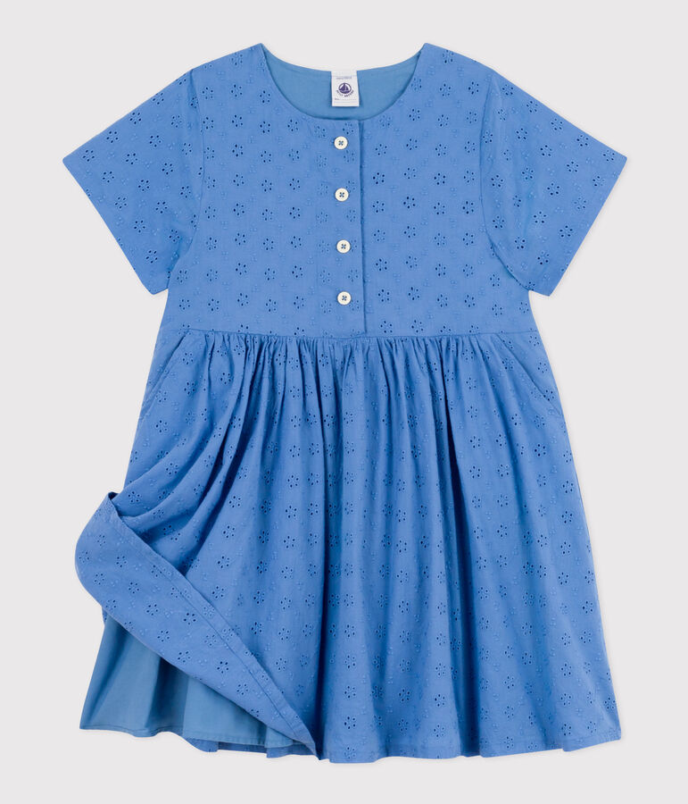 Kurz&auml;rmeliges Kinder-Kleid mit englischer Stickerei f&uuml;r M&auml;dchen blau