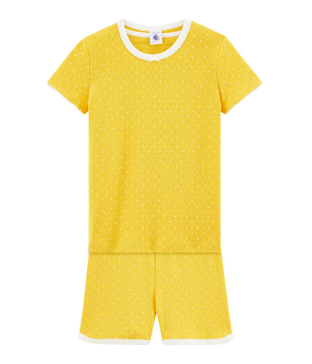 Rippstrick-Kurzpyjama f&uuml;r kleine M&auml;dchen gelb/weiss