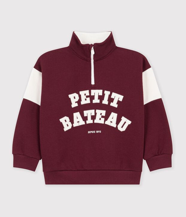 Kinder-Sweatshirt mit Rei&szlig;verschluss-Kragen aus Baumwolle im Colorblock rot/naturfarben