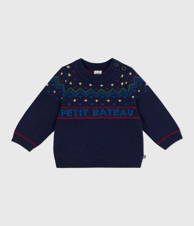 Baby-Pullover aus Wolle und Baumwolle mit Muster blau/vielfarbig