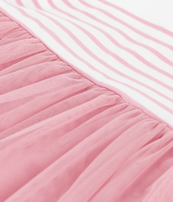 Kurzärmeliges Baby-Kleid aus Baumwolle und Tüll, gestreiftes Oberteil weiss MARSHMALLOW/rosa CHARME