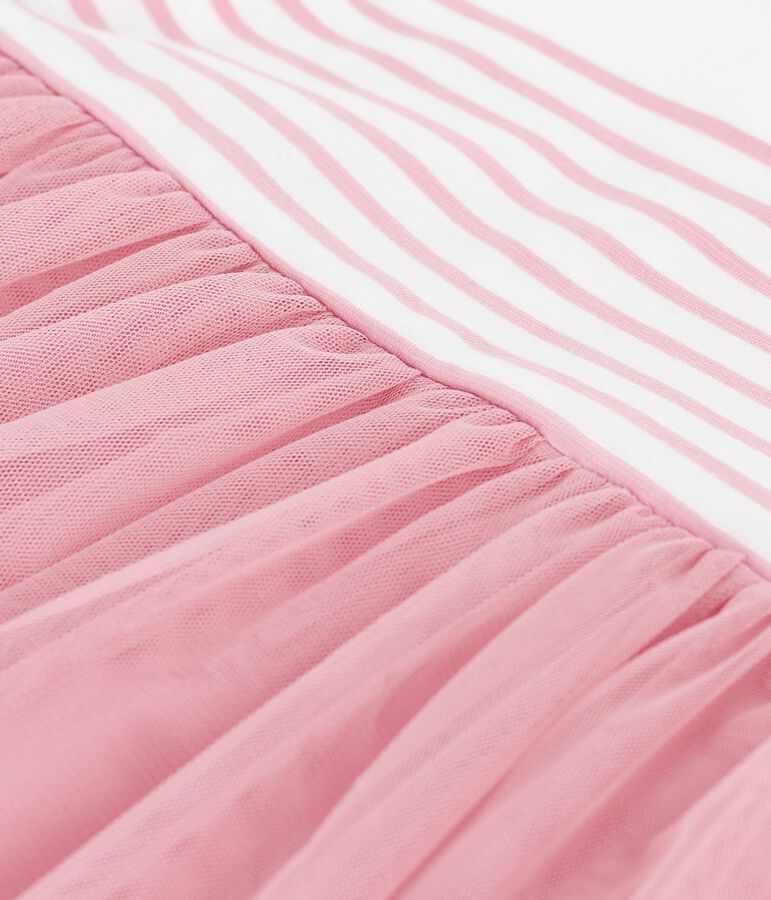 Kurz&auml;rmeliges Baby-Kleid aus Baumwolle und T&uuml;ll, gestreiftes Oberteil weiss/rosa