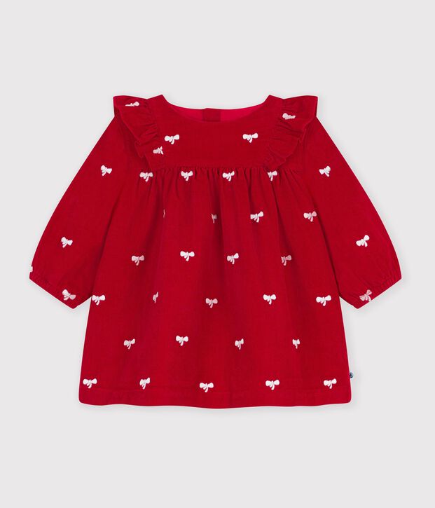 Lang&auml;rmeliges Baby-Kleid aus Feincord mit Stickereien und Schleifenmotiv rot/naturfarben