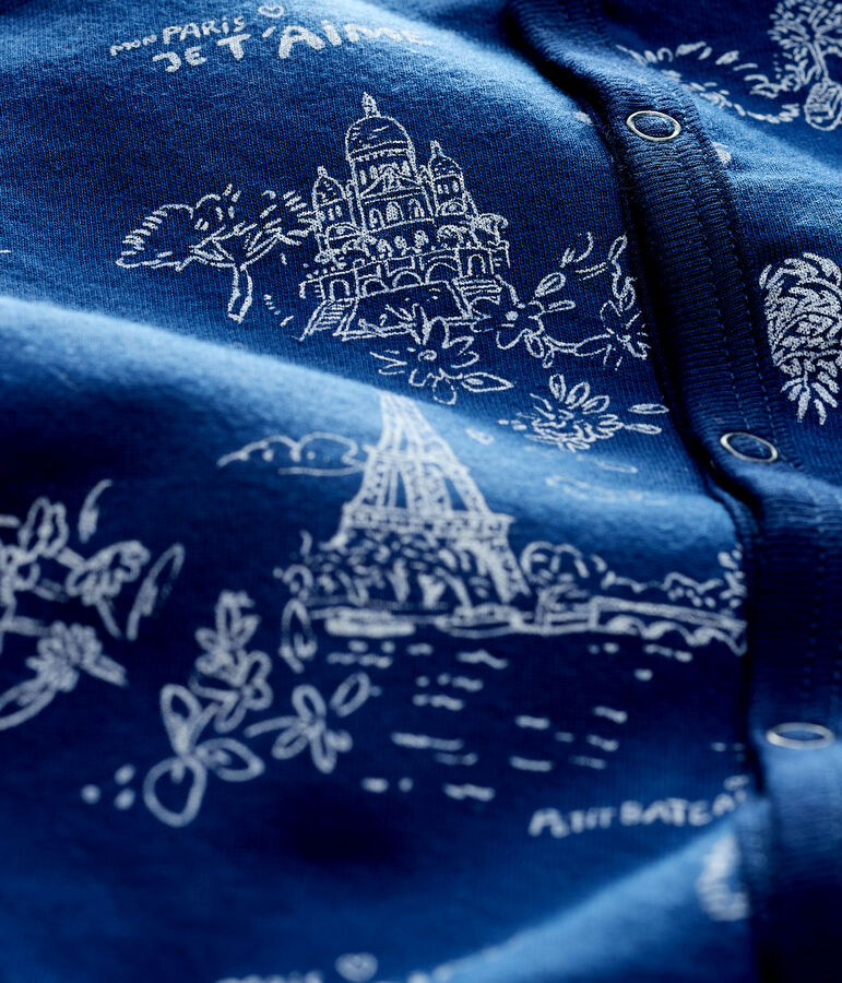 Baby-Strampler aus Doppeljersey mit Paris-Motiv im Toile-de-Jouy-Stil blau/weiss