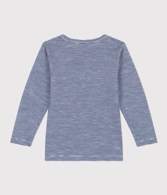 Langärmeliges Kinder-T-Shirt aus Wolle und Baumwolle mit Streifen blau MEDIEVAL/weiss MARSHMALLOW