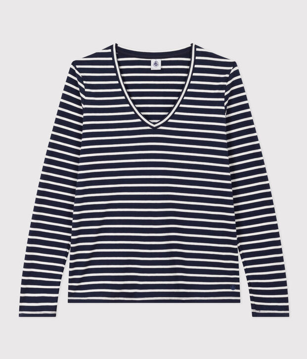 Lang&auml;rmeliges Damen-T-Shirt Le Droit mit V-Ausschnitt aus feinem Jersey blau/weiss