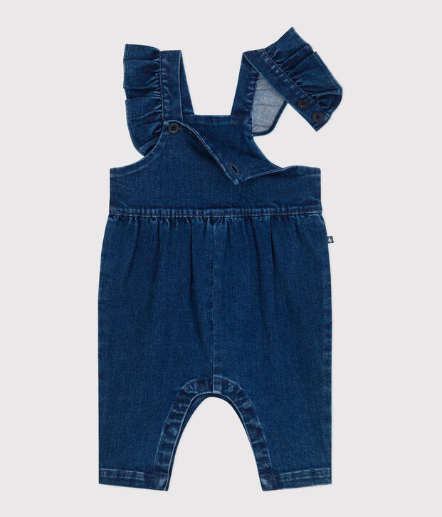 Langbeinige Baby-Latzhose mit Volants aus Jeansstoff mit Elastan. blau