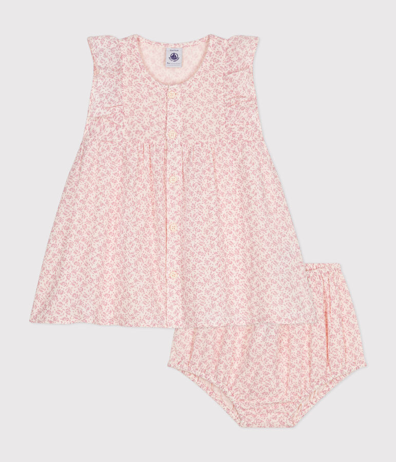 Kurz&auml;rmeliges Babykleid mit Bloomers aus Musselin naturfarben/rosa