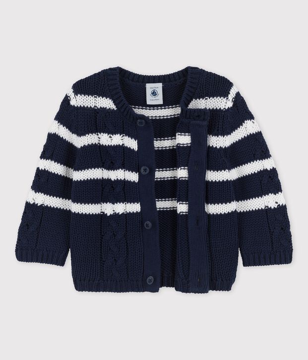 Baby-Strickjacke mit Z&ouml;pfen blau/weiss