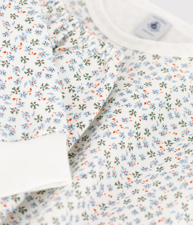 Kinderpyjama aus Molton mit Blumenmotiv f&uuml;r M&auml;dchen weiss/vielfarbig