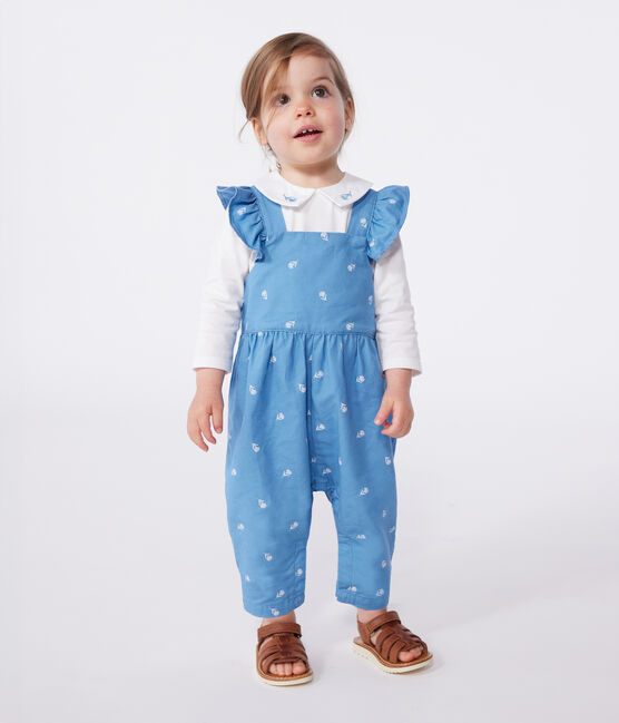 Langbeinige Baby-Latzhose aus Baumwolle mit bestickten Blumen blau ALASKA/weiss MARSHMALLOW