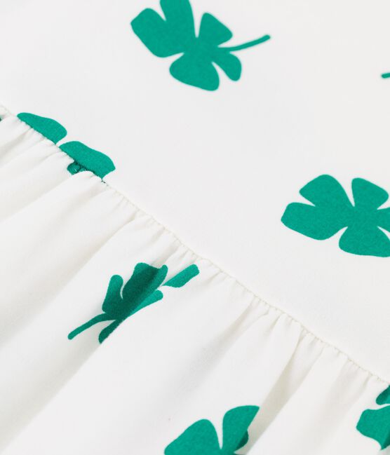 Kurzärmeliges Kleid aus Molton für Mädchen weiss MARSHMALLOW/grün GAZON