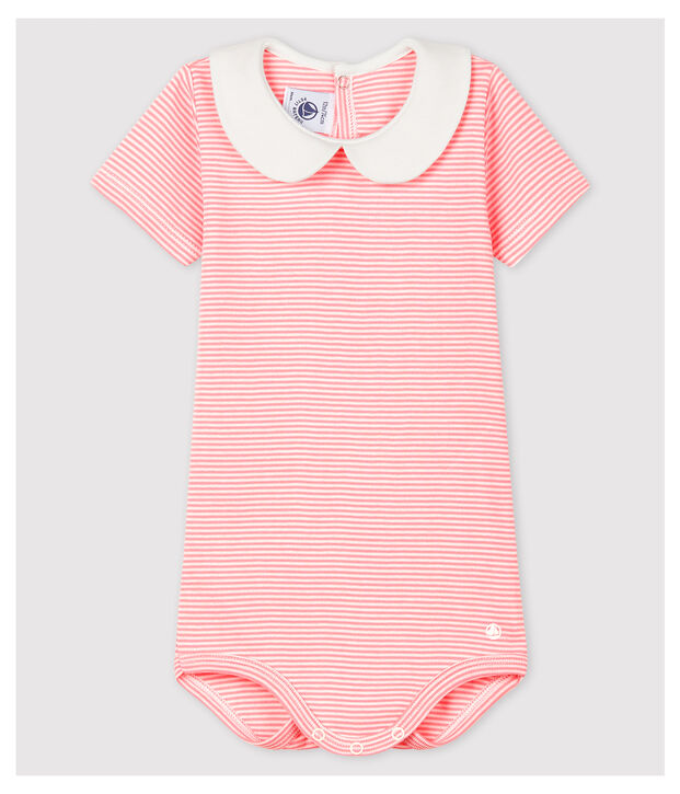 Baby-Body mit Claudine-Kragen aus Baumwolle f&uuml;r M&auml;dchen rosa/weiss