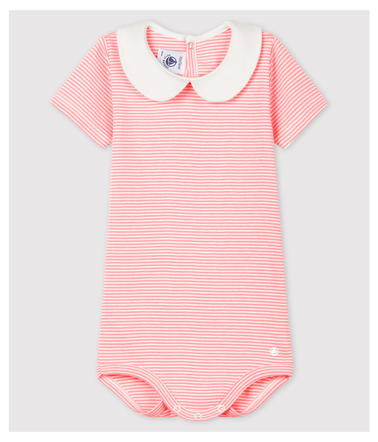 Baby-Body mit Claudine-Kragen aus Baumwolle f&uuml;r M&auml;dchen rosa/weiss
