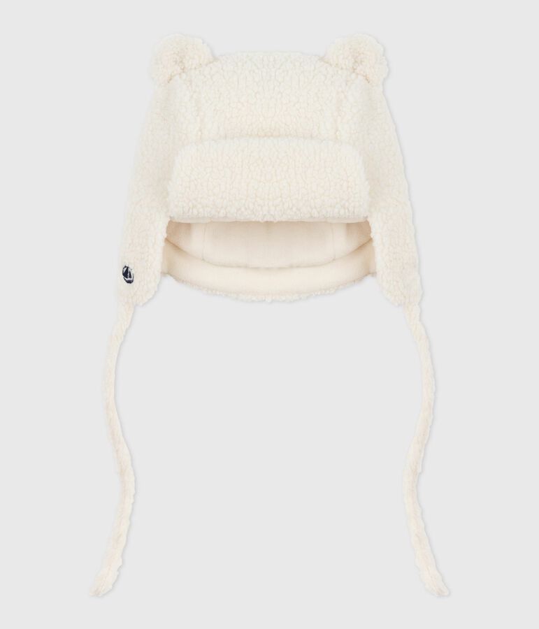 Baby-M&uuml;tze mit Ohrenklappen aus Pelzimitat mit Sherpa-Futter naturfarben