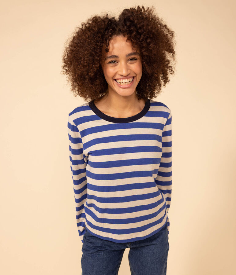 Damen-T-Shirt LE DROIT aus Baumwolle mit Rundhalsausschnitt blau/grau