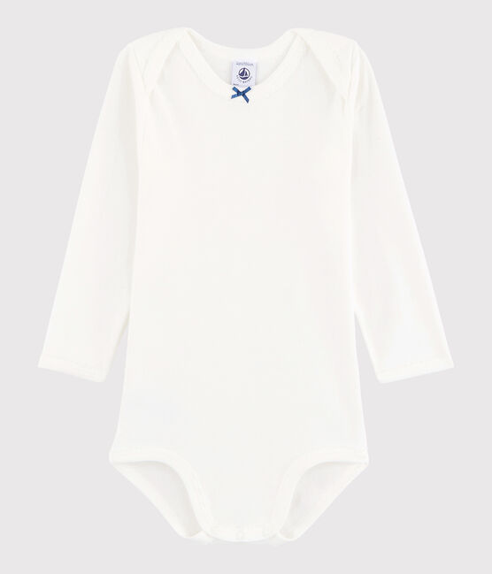 Langärmeliger Baby-Body Mädchen weiss MARSHMALLOW/blau ACIER