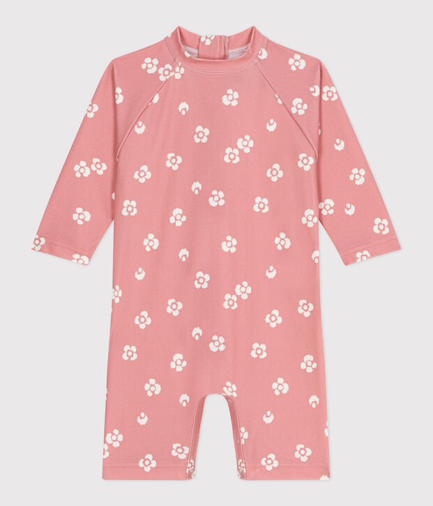 Baby-Badeoverall mit UV-Schutz, Blumenmuster rosa/weiss