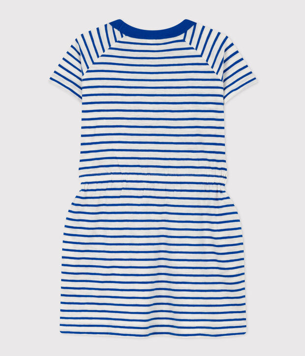 Gestreiftes Kinderkleid aus Flammgarn f&uuml;r M&auml;dchen weiss/blau