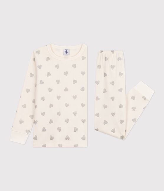 Kinder-Pyjama aus Baumwolle mit silberfarbenen Herzen naturfarben MILK/ ARGENT