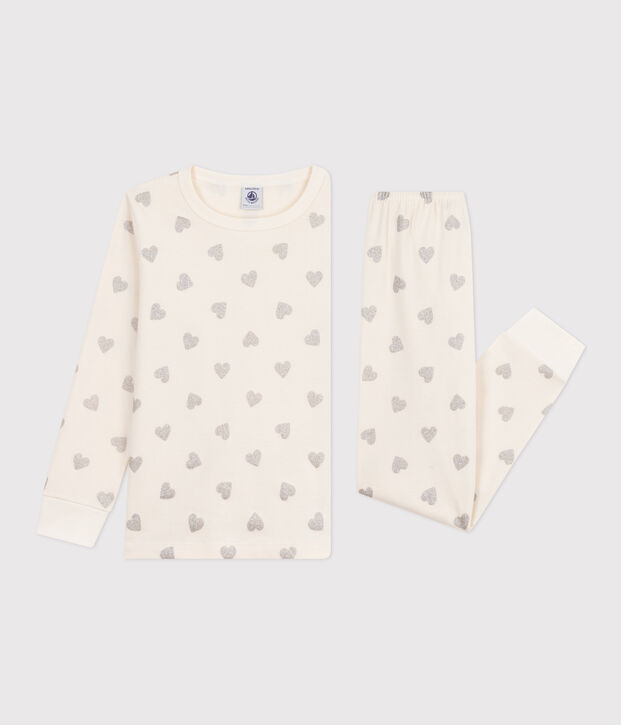 Kinder-Pyjama aus Baumwolle mit silberfarbenen Herzen naturfarben/grau