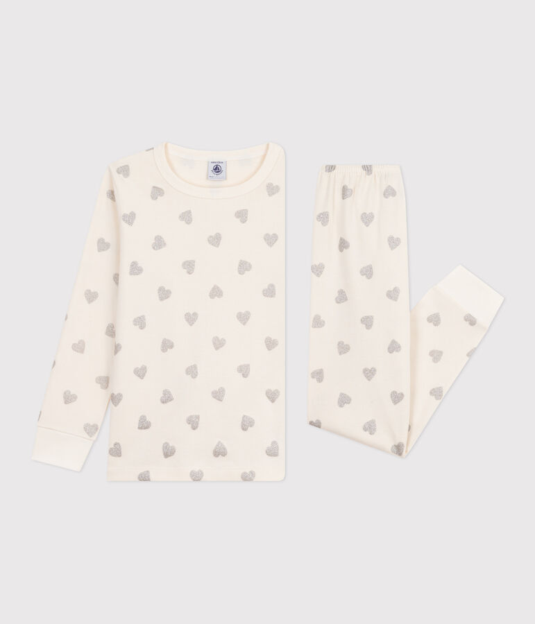 Kinder-Pyjama aus Baumwolle mit silberfarbenen Herzen naturfarben/grau