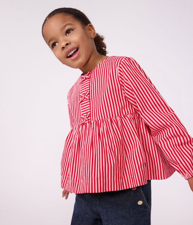 Lang&auml;rmelige Kinder-Bluse aus Baumwolle mit Streifen rosa/rosa
