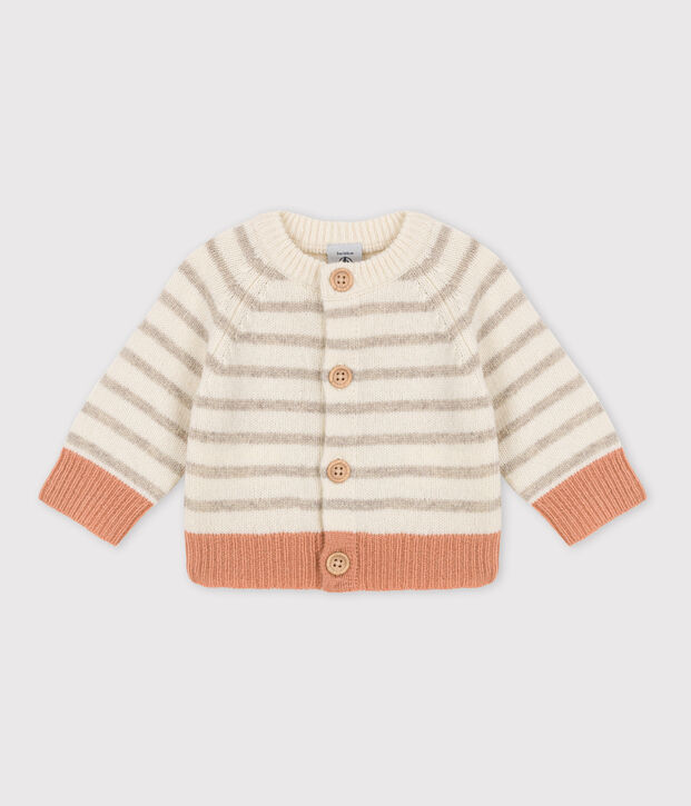 Gestreifter Baby-Cardigan aus Woll weiss/vielfarbig