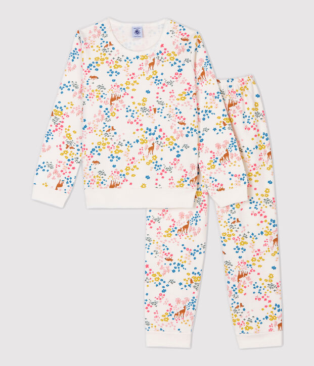 Kinderpyjama aus Molton mit Blumenmuster f&uuml;r M&auml;dchen weiss/vielfarbig