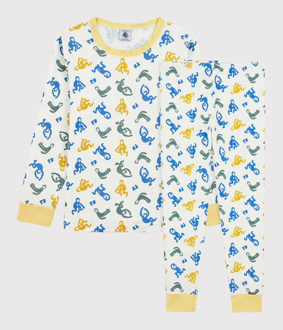 Kinderpyjama aus Baumwolle mit phosphoreszierenden Affen für Jungen weiss MARSHMALLOW/weiss MULTICO