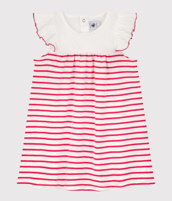 Kurzärmeliges gestreiftes Babykleid aus Rippstrick für Mädchen weiss MARSHMALLOW/rosa GEISHA