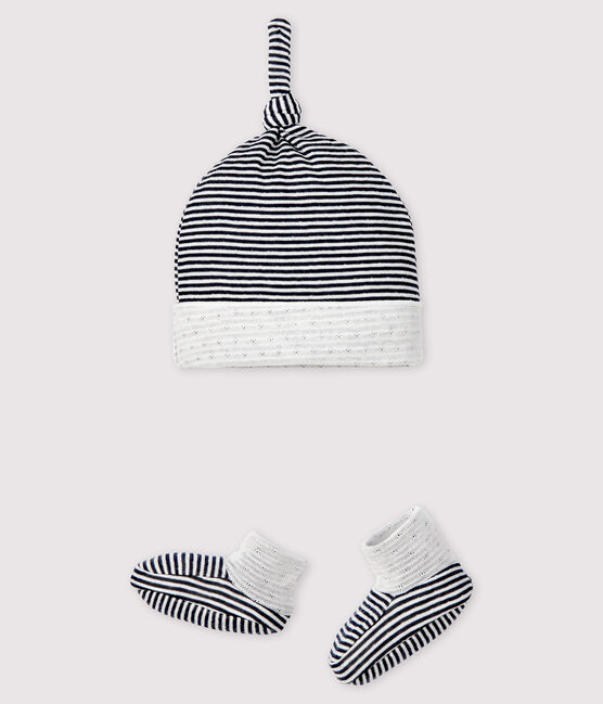 Set bestehend aus Mützchen und gestreiften Babyschuhen für Neugeborene aus Doppeljersey variante 1