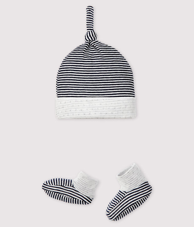 Set bestehend aus M&uuml;tzchen und gestreiften Babyschuhen f&uuml;r Neugeborene aus Doppeljersey vielfarbig