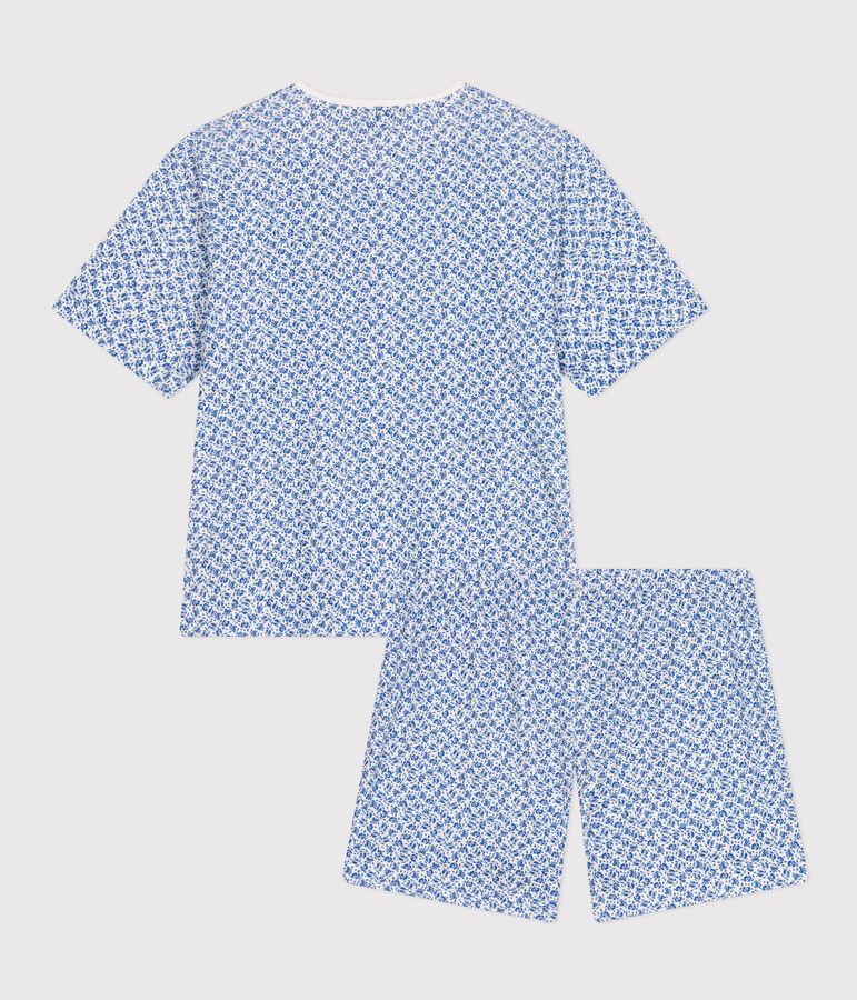 Damen-Pyjama, Shorts und T-Shirt aus Baumwolle mit Blumenmuster weiss/blau
