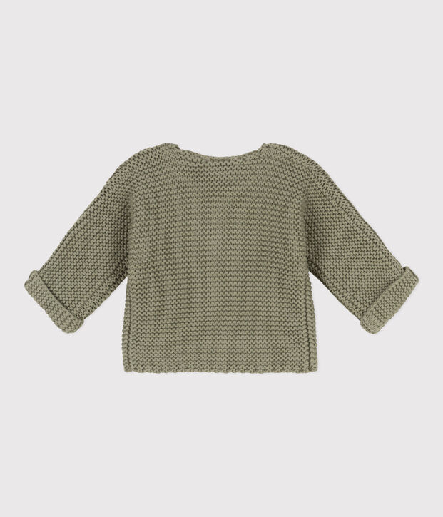 Baby-Cardigan kraus rechts gestrickt aus Baumwolle gr&uuml;n
