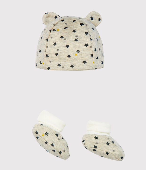 Set mit M&uuml;tzchen und Babyschuhen aus Wolle und Baumwolle f&uuml;r Jungen vielfarbig