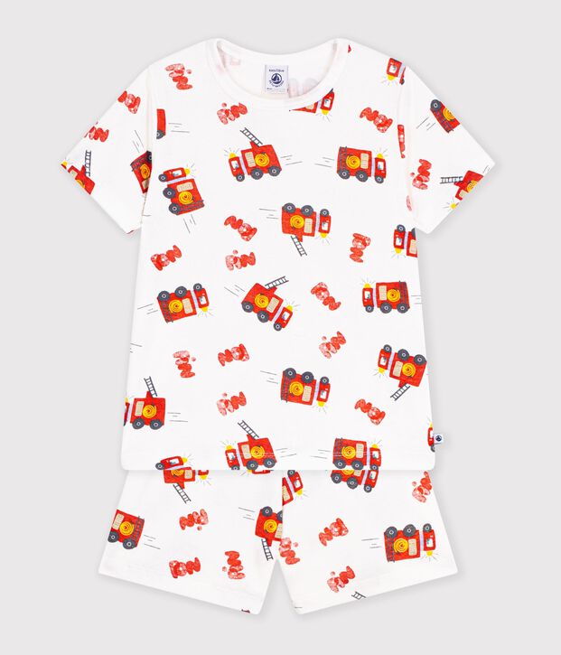 Kinder-Kurzpyjama aus Baumwolle mit Feuerwehrm&auml;nnern weiss/vielfarbig