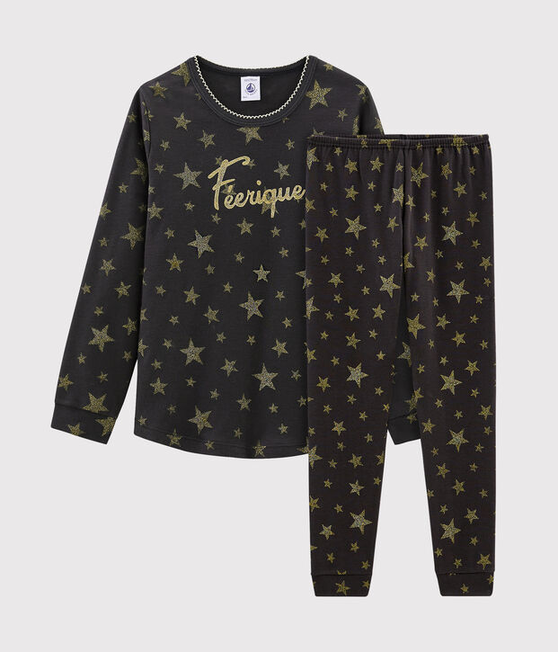 Rippstrick-Pyjama f&uuml;r M&auml;dchen grau/gelb