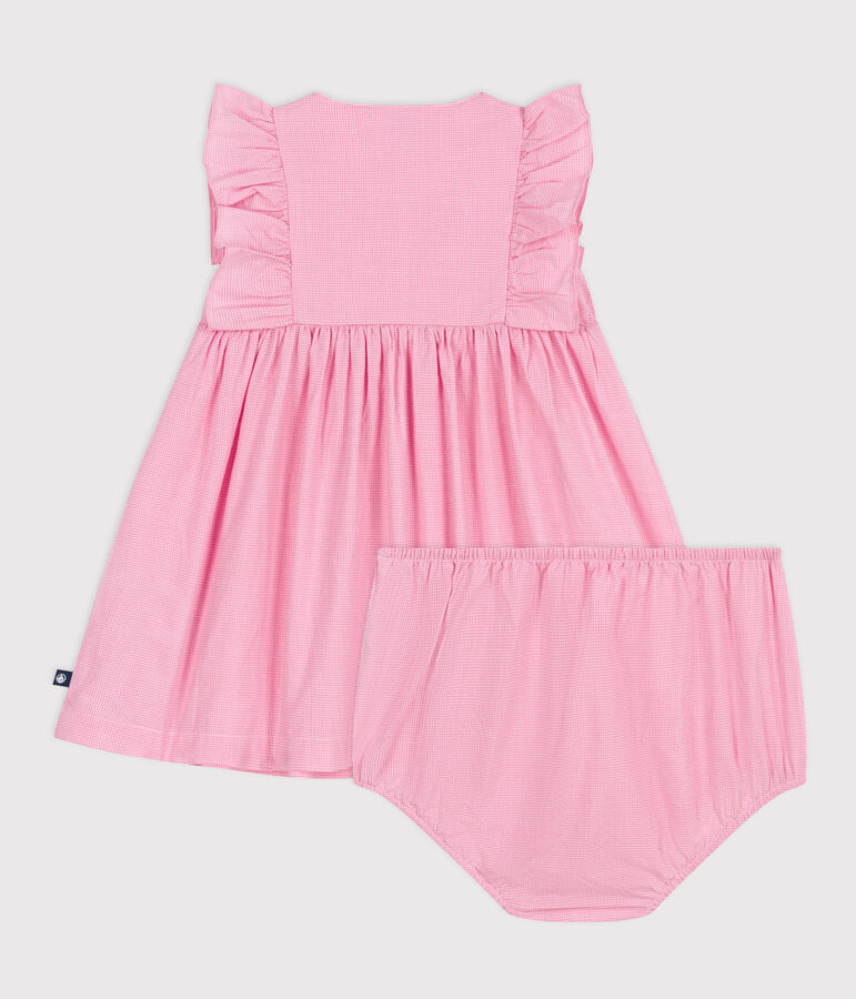 &Auml;rmelloses Baby-Kleid aus leichter Baumwolle und Bloomer mit Vichy-Muster weiss/rosa