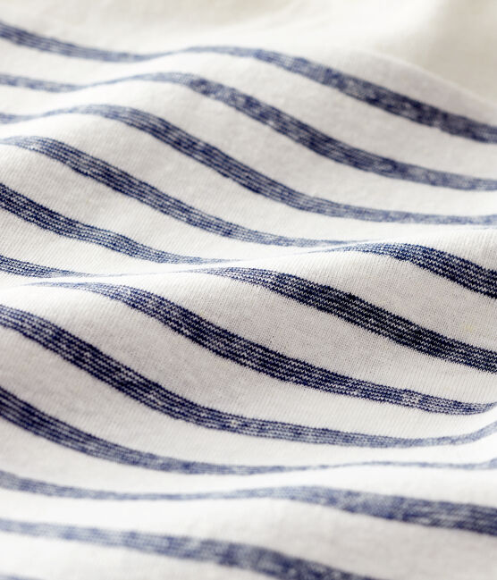 Gestreifter Baby-Kurzoverall aus Baumwolle/Leinen für Jungen weiss MARSHMALLOW/blau MEDIEVAL